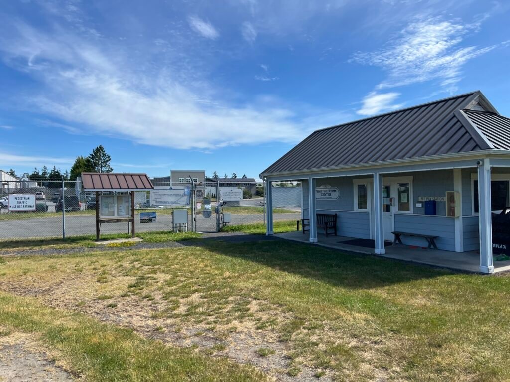 Pilot Welcome Center with noise abatement signage at Friday Harbor