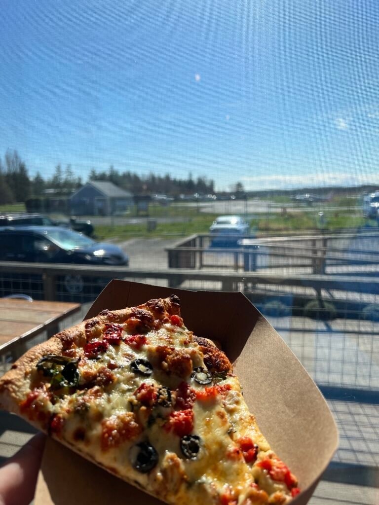 Slice of pizza with the airport visible through the screen 